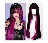Atado a mano Rose Red Highlights Peluca negra con flequillo Pelucas de pelo largo y recto for mujeres Niñas sintéticas resistentes al calor cosplay for fiestas Línea del cabello