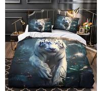 Ataque del tigre blanco Funda de Edredón Cremallera Oculta Suave 3 Piezas Diseño 3D con Fundas de Almohada Antialérgica Acción de animales salvajes Funda Edredon for niños y niñas Double（200x200cm）