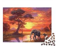 Atardecer Animales 1000 Piezas Rompecabezas para Adultos Puzzle de Papel Grueso Educativo Elefante Africano Decoración Pared Relax 38x26cm/1000pcs
