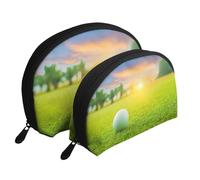 Atardecer de Pelota de Golf Verde Impreso, Bolsa de Maquillaje de Concha, Monedero pequeño para Mujer, Bolsa de artículos de tocador, Bolsa de cosméticos, 2 Piezas