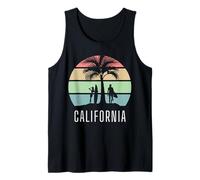 Atardecer de Playa de California de Estilo Vintage con Mujeres surfistas Camiseta sin Mangas
