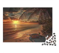 Atardecer en la Playa,Palm Árboles Playa Tortuga Marinas Rompecabezas Sostenibles Estampados para Adultos De Madera De 1000pcs (75x50cm)
