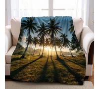 Atardecer en una Isla Tropical Manta de Franela Verde 130 x 150 cm Manta 3D Estampada de Felpa, Suave y Ligera para Sofá y Cama
