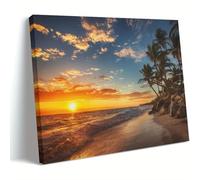Atardecer en una playa tropical Palmeras Océano Fotos Configuraciones de fotos Sol Isla Pósteres Lienzo Arte de pared para decoración de dormitorio 60x95cm (24x37in) marco interior