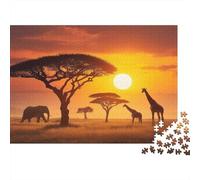 Atardecer Naranja Elefantes Giraffes and Acacia Trees 38x26cm/1000pcs Puzzle Adecuado para Adultos Y Multitud Mayores De 14 Años