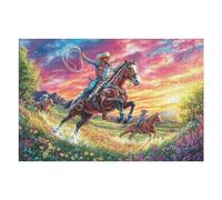 Atardecer Vaquero Caballo Corriendo Naturaleza Salvaje Campo Puzzle 1000 Piezas Obra De Arte 3D Realista Rompecabezas para Hombres Y Mujeres Desafío Intelectual Estera Portátil DIY Moderno 1000 PCS
