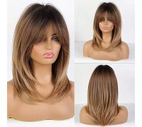 ATAYOU® Peluca Corta Marrón Ombre Con Flequillo Peluca Marrón Ombre Peluca Sintética Bob Recta Para Mujer (Ombre Marrón Claro @ 575)