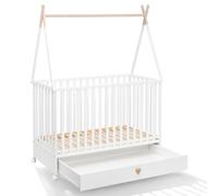 ATB MEBLE Dreamy Collection Baby Bed with Drawer - Wooden Baby Cot - Three Levels of Mattress Height - Bed for Baby Room - House Bed for Baby - White