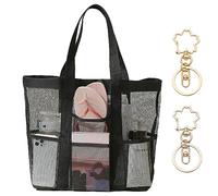 ATBUSS 1 bolsa de playa con 2 colgantes de flores de cerezo, bolsa de asas de malla, bolsa de hombro plegable, organizador de vacaciones en la playa, fitness, ducha de yoga, compras, Negro