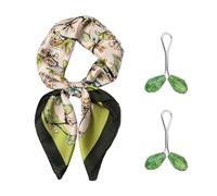 ATBUSS 1 Bufanda De Seda Floral De Mariposa Y 2 Hebillas De Bufanda De Seda De Cristal, Bufanda Cuadrada Pequeña Con Pintura Al Óleo De Satén, Bufanda Para El Cuello, Regalos Para Amigos(Verde).