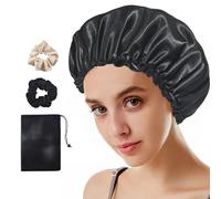 ATBUSS 1 gorro de dormir elástico de satén con 2 gomas para el pelo y 1 bolsa de almacenamiento, gorro de dormir ajustable, gorro de satén para el pelo, gorro de seda elástico para mujeres