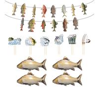 ATBUSS 1 Pieza De Bandera Temática De Pesca, 4 Globos con Forma De Pez Y 12 Carteles De Pesca, Juego De Decoración De Cumpleaños para Niños, Accesorios para Diseño Temático Al Aire Libre