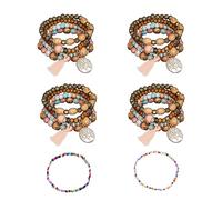 ATBUSS 4 piezas de cuentas de madera Liu Su Pulseras, con 2 piezas de cuentas finas de colores, pulseras bohemias, pulseras elásticas de varias capas, joyería colgante del árbol de la vida, 170 mm,