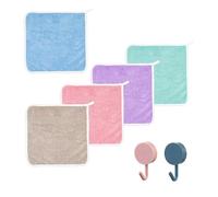 ATBUSS - Juego de 5 toallas cuadradas de forro polar de coral liso con 2 ganchos, guantes de baño suave para bebés, paño de limpieza reutilizable, rosa