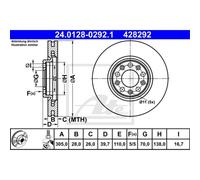 ATE 2x Disco de Freno Delantero Ø305 MM Ventilado para Fiat 500X 334_ 1.4 1.6