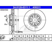 ATE 2x Disco de Freno Delantero Ø305 MM Ventilado Recubierto para Alfa Romeo