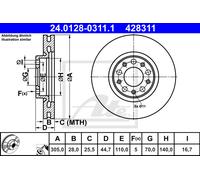 ATE 2x Disco de Freno Delantero Ø305 MM Ventilado Recubierto para Alfa Romeo