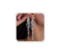 Atentuyi Pendientes de Borla con Diamantes de Imitación Plata - Lágrima Araña Largos Brillantes con Cadena Cristal Lineal - Joyas para Mujeres y Niñas