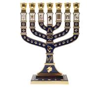 Ateret Judaica Jerusalem Golden 7 Branch Menorah Acabado esmalte azul, con 12 tribus de Israel, candelabros (27,4 cm)