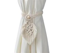 ATEUXOL Abrazaderas Cortinas Abrazaderas de Cortina con Forma Hoja Tejida, Correas borlas, Mini Tapiz Pared, Estilo nórdico for decoración for Sala Estar, Estilo Bohemio(White,2pcs)