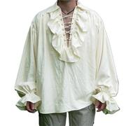 ATEUXOL Disfraz Vintage para Hombre Camisa steampunk de manga larga con volantes y cordones for hombre, ideal for cosplay, drama o teatro(Beige,5XL)