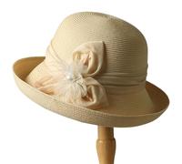 ATEUXOL Señora Trenzado Sombreros De Sol Sombrero Playa con Parasol, Tejido Mano, Paja Lino, decoración Seda y Flores, Visera Elegante, Ideal Vacaciones, Estilo Sofisticado Natural(Beige)