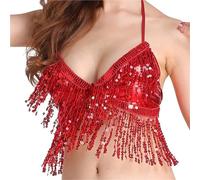 ATEUXOL Top de Bailarina del Vientre Ropa de Baile con borlas y Lentejuelas, Sujetador for Danza del Vientre, Disfraces espectáculo, Top Rendimiento, Halter(Red)