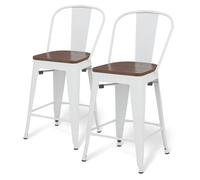Athena Collection Juego de 2 sillas de altura de mostrador de 24.5 pulgadas, taburetes de bar con respaldo alto, asiento de madera de granja, taburetes de bar con marco de metal, sillas de comedor con