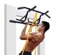 AthleticPro Barra Dominadas Puerta sin Taladrar - Barra Elevada hasta 140 kg - 4 Posiciones de Agarre, Antideslizante y Protege Marcos hasta 90 cm - Incluye Banda Elástica para Entrenar en Casa
