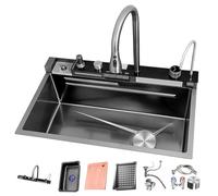 ATHOMASM 80x50cm de acero inoxidable fregadero de cocina 1 lavabo, con indicador de temperatura, lavabo de cascada con grifo extraíble, sifón, fregadero multifuncional, con desagüe derecho, grandes