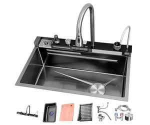 ATHOMASM 80x50cm de acero inoxidable fregadero de cocina 1 lavabo, con indicador de temperatura, lavabo de cascada con grifo extraíble, sifón, fregadero multifuncional, con desagüe derecho, grandes