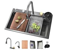 ATHOMASM Fregadero de acero inoxidable, 1 lavabo, 80 x 50 cm, color negro y gris, empotrable con diseño de cascada, grifo extraíble, estación de trabajo y escurridor