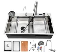 ATHOMASM Fregadero de cocina de 85 × 50 cm, plateado de acero inoxidable 304, con grifo extensible en cascada, para tazas, dispensador de jabón, sifón, tubo de desagüe, fregaderos de cocina grandes, 1