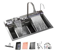 ATHOMASM Fregadero de cocina de acero inoxidable, 85 x 50 cm, con indicador de temperatura, nano-revestimiento, cascada y encimera, 1 lavabo individual con grifo extraíble, fregadero grande de cocina