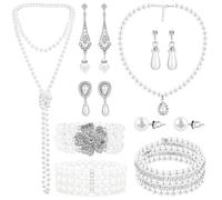 Athora Juego de 9 joyas de perlas de los años 20 para mujer, collar de perlas, pendientes y pulsera, juego con collares, pulseras y pendientes, accesorios de los años 20 para fiestas temáticas de