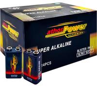 Athos Power Pilas Alcalinas 6LR61 9V - en Pack de 14 Unidades, 600mAh de Alta Potencia, Larga Duración hasta 10 Años, Energía Segura y Estable para Mandos, Detectores de Humo, Juguetes y Más