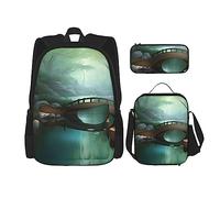 AthuAh Little Bridge in The East - Mochila para niños y niñas con bolsa de almuerzo y estuche para lápices, juego de 3 piezas para senderismo, escuela, excursiones, Black, Talla única