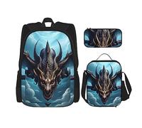 AthuAh Mochila de dragón volador y mochila para niñas y niños con bolsa de almuerzo y estuche para lápices, juego de 3 piezas para senderismo, escuela, excursiones, Black, Talla única