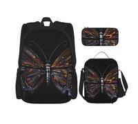 AthuAh Mochila de mariposa misteriosa y mochila para niñas y niños con bolsa de almuerzo y estuche para lápices, juego de 3 piezas para senderismo, escuela, excursiones, Black, Talla única