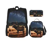 AthuAh Mochila Elk in The Meadow, mochila para niñas y niños con bolsa de almuerzo y estuche para lápices, juego de 3 piezas para senderismo, escuela, excursiones, Black, Talla única