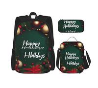 AthuAh Mochila Happy Holidays y mochila para niñas y niños con bolsa de almuerzo y estuche para lápices, juego de 3 piezas para senderismo, escuela, excursiones, Black, Talla única