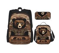 AthuAh Mochila rústica Lodge Bear, mochila para niñas y niños con bolsa de almuerzo y estuche para lápices, juego de 3 piezas para senderismo, escuela, excursiones, Black, Talla única