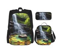 AthuAh Mochila Waterfall Views, mochila para niñas y niños con bolsa de almuerzo y estuche para lápices, juego de 3 piezas para senderismo, escuela, excursiones, Black, Talla única