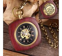 AthuAh Reloj Vintage, Paquete de Caja de Madera Maciza Reloj de Bolsillo mecánico Cadena medallón Dial Hueco Steampunk Esqueleto Hombres Reloj Redondo 2(Rectangle)