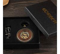 AthuAh Reloj Vintage, Paquete de Caja de Madera Maciza Reloj de Bolsillo mecánico Cadena medallón Dial Hueco Steampunk Esqueleto Hombres Reloj Redondo 2(Pm053 with Package)