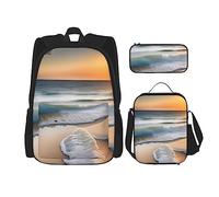 AthuAh Sunset Over The Waves Mochila y mochila para niñas y niños con bolsa de almuerzo y estuche para lápices, juego de 3 piezas para senderismo, escuela, excursiones, Black, Talla única