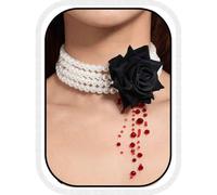 Atigy Gargantilla gótica de perlas negras con rosas y diamantes de imitación, collar de Halloween para mujer, talla única, Perlas de imitación, No es una piedra preciosa