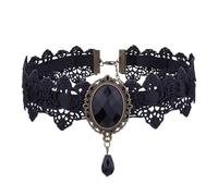 Atiptu Gargantilla gótica de encaje para mujer, gargantilla de encaje negro, collar vintage con colgante de cristal rojo, collares de vampiro, accesorios de disfraz de Halloween, Normal Large, Metal
