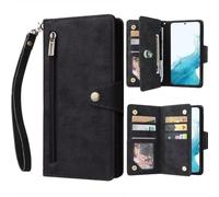 ATISIJIE Etui Coque pour Samsung Galaxy S24 Plus / S25 Plus,Etui Portefeuille en Cuir PU Durable Avec Béquille,Protection Case Avec Porte-Cartes Magnétique Flip Cover Lanyard Wristlet Zipper Le-Noir