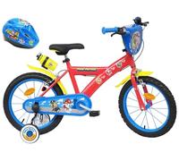 Atlas Bicicleta Infantil Equipada con 2 Frenos, portabidones Guardabarros, Placa Delantera, estabilizadores extraíbles + Casco Patrulla Incluido niño, Rojo, 16 Pulgadas
